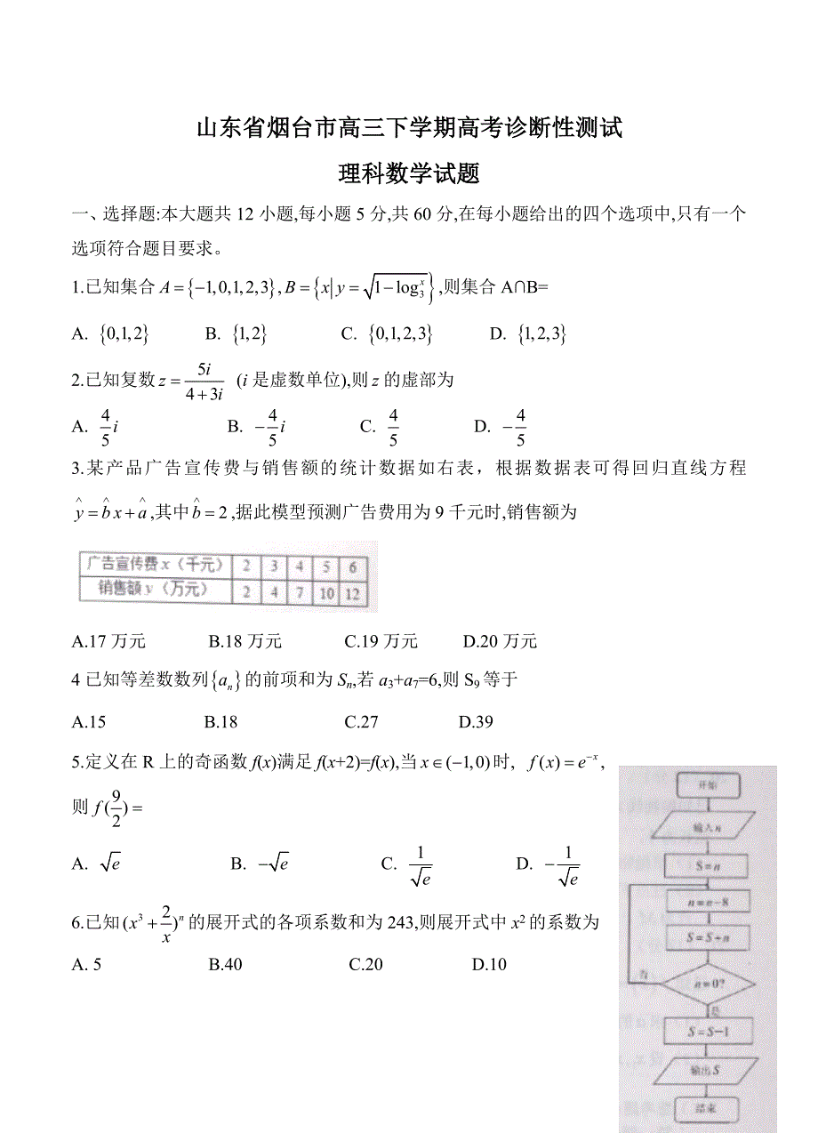 新编山东省烟台市高考诊断性测试3月数学理试卷含答案_第1页