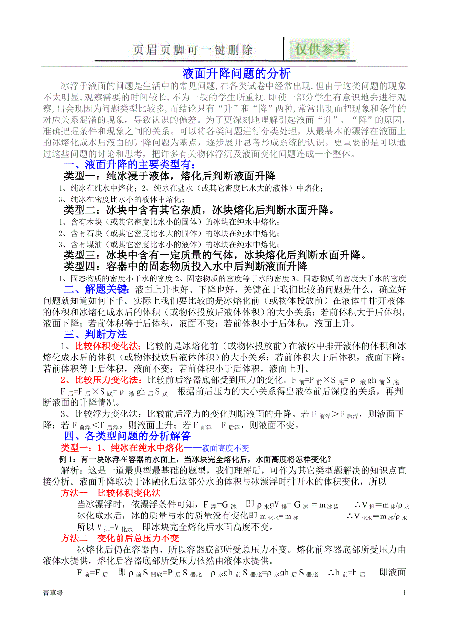 浮力液面升降问题的类型及解题技巧基础教学_第1页