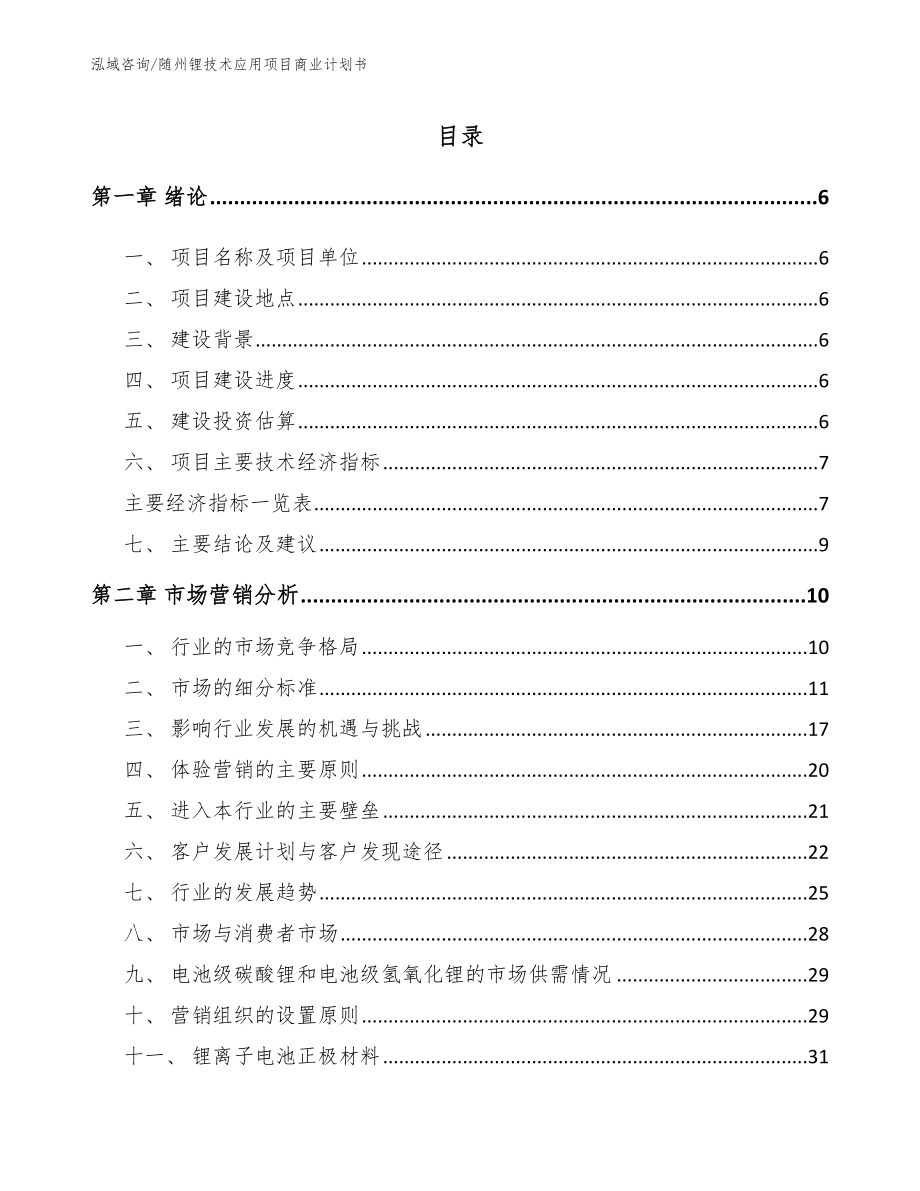 随州锂技术应用项目商业计划书_范文_第1页