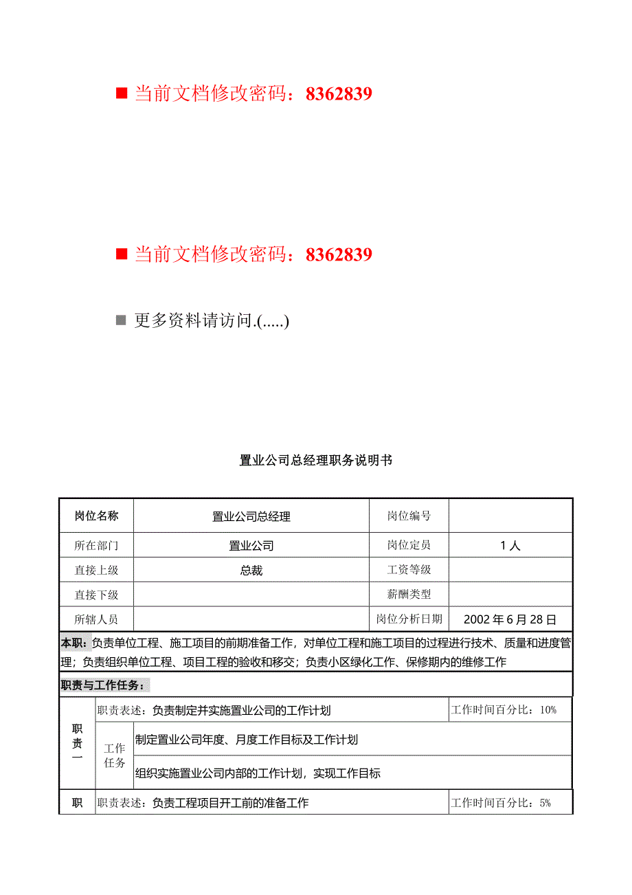 置业公司总经理工作说明书_第1页