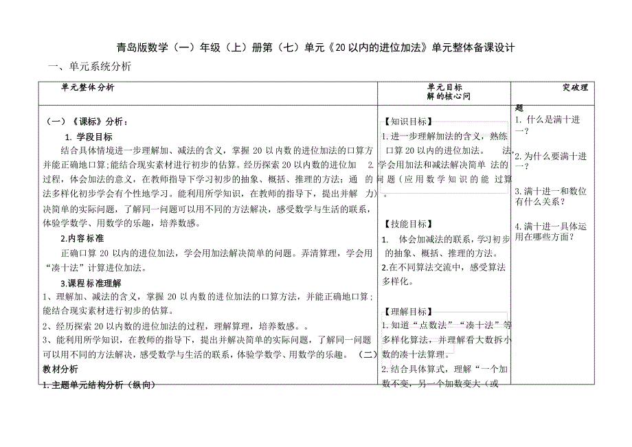 青岛版数学一年级上册《20以内的进位加法》单元整体备课设计_第1页