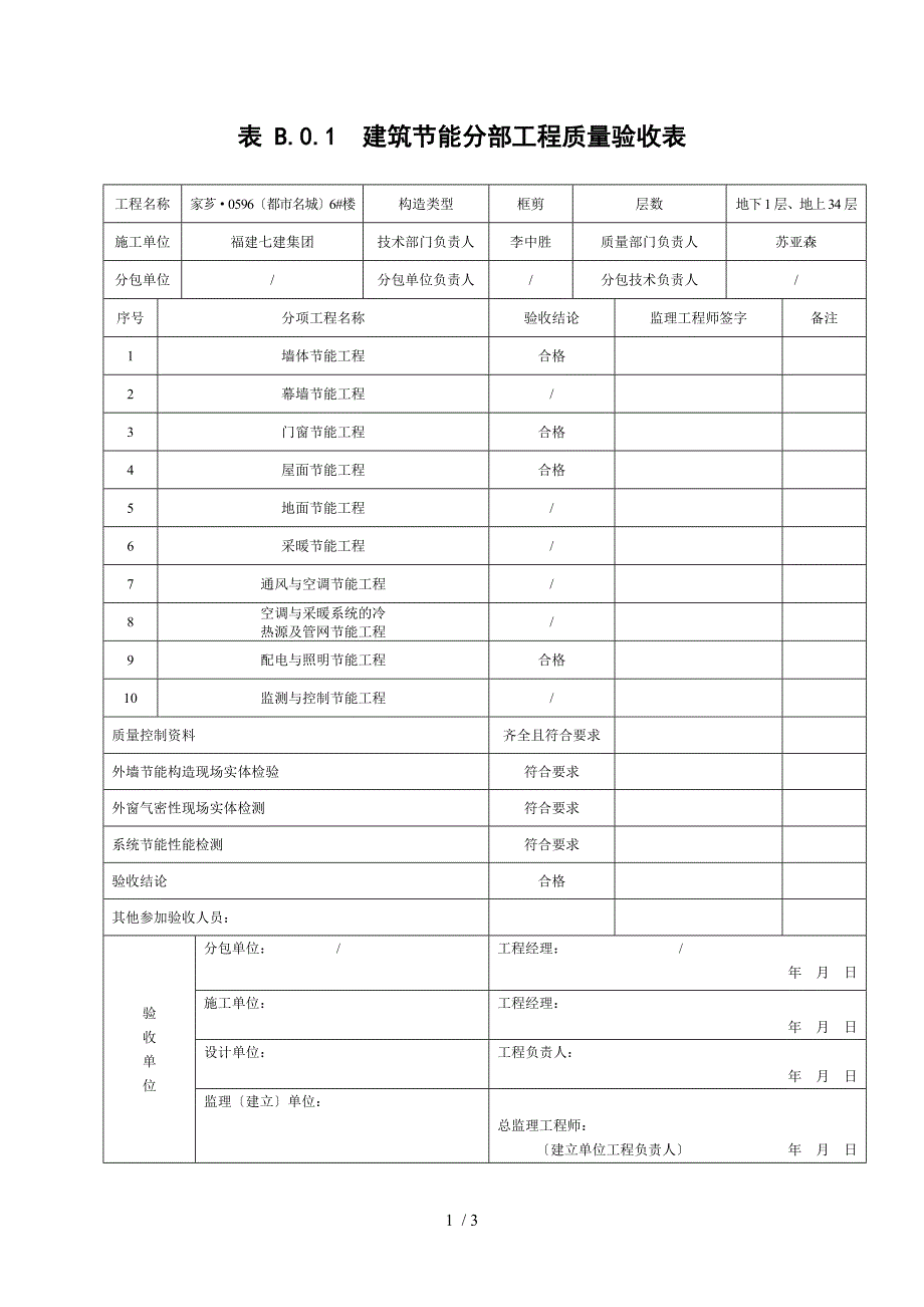 表B.0.1建筑节能分部工程质量验收表表B.0.2建筑节能分项工程质量验收汇总表_第1页