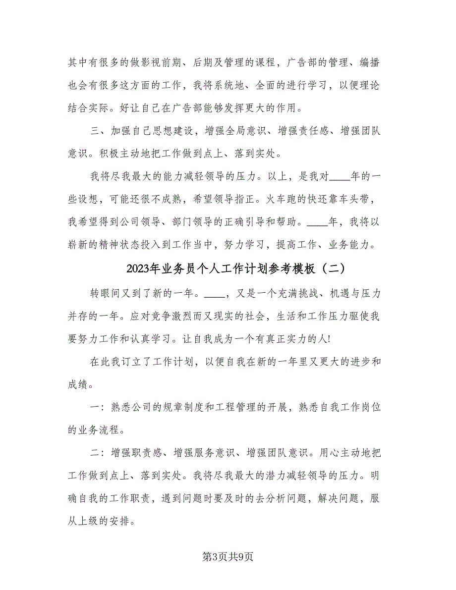 2023年业务员个人工作计划参考模板（4篇）_第3页