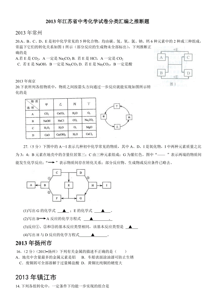 江苏省中考化学试卷分类汇编之推断题_第1页