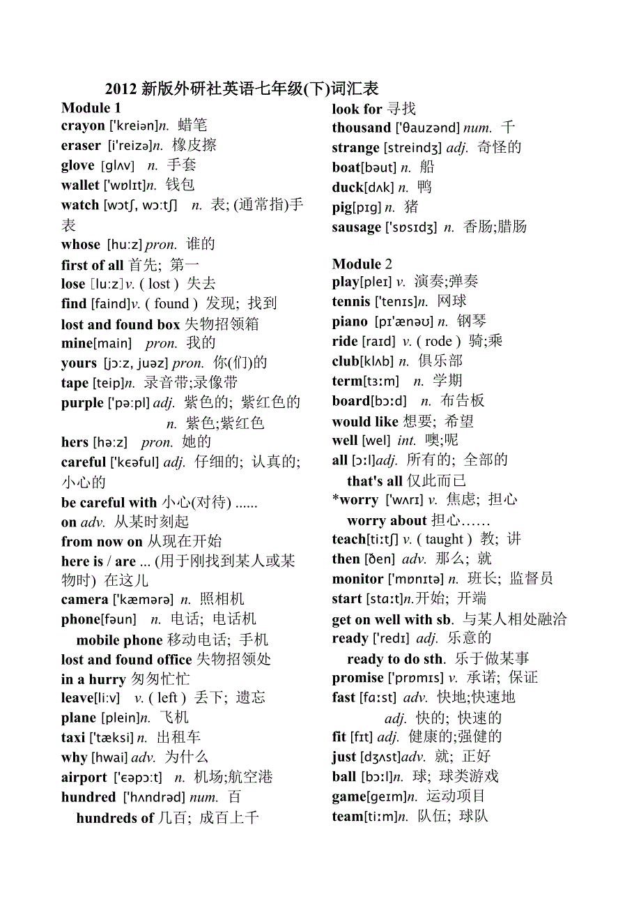 外研版七年级下册词汇表带音标_第1页