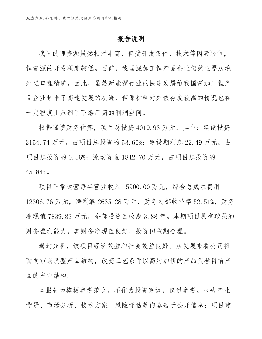 邵阳关于成立锂技术创新公司可行性报告_模板范文