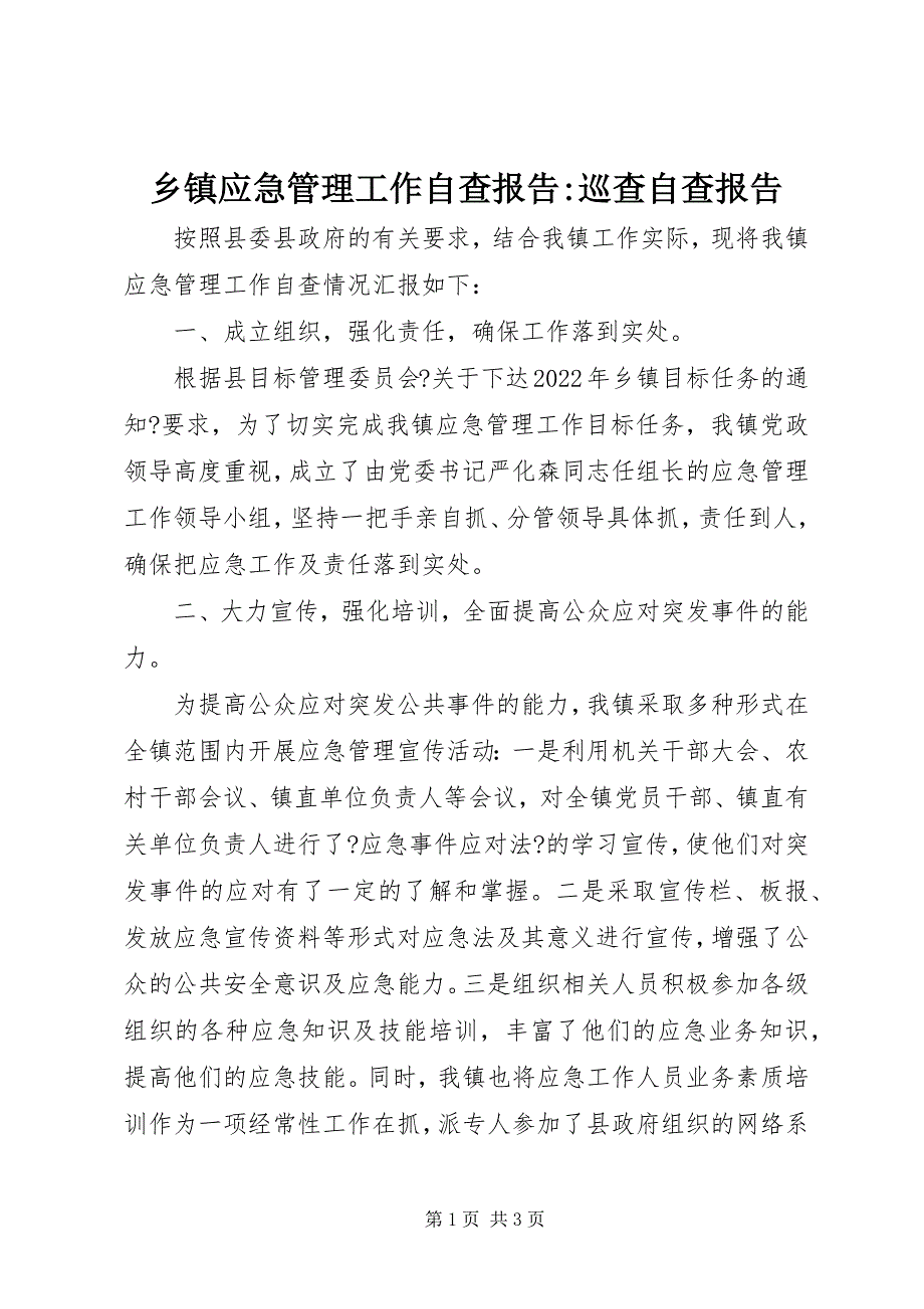 2023年乡镇应急管理工作自查报告巡查自查报告.docx_第1页