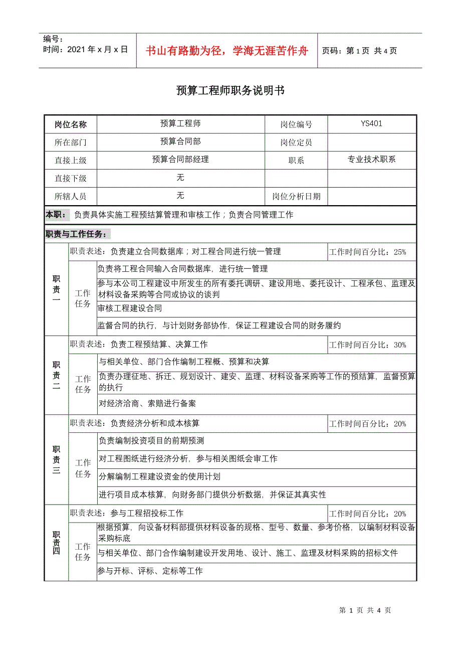 某地产企业预算工程师岗位说明书及KPI指标_第1页