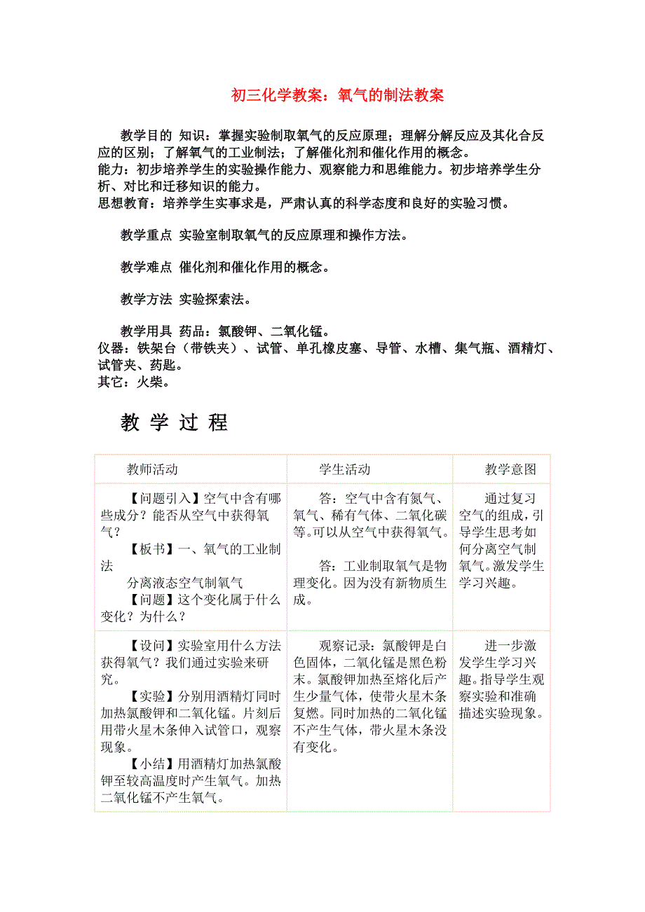 初三化学教案：氧气的制法教案_第1页