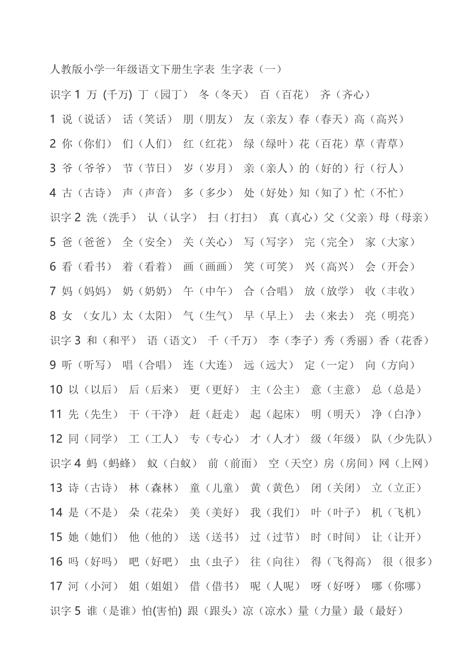 人教版小学一年级语文下册生字表 生字表_第1页