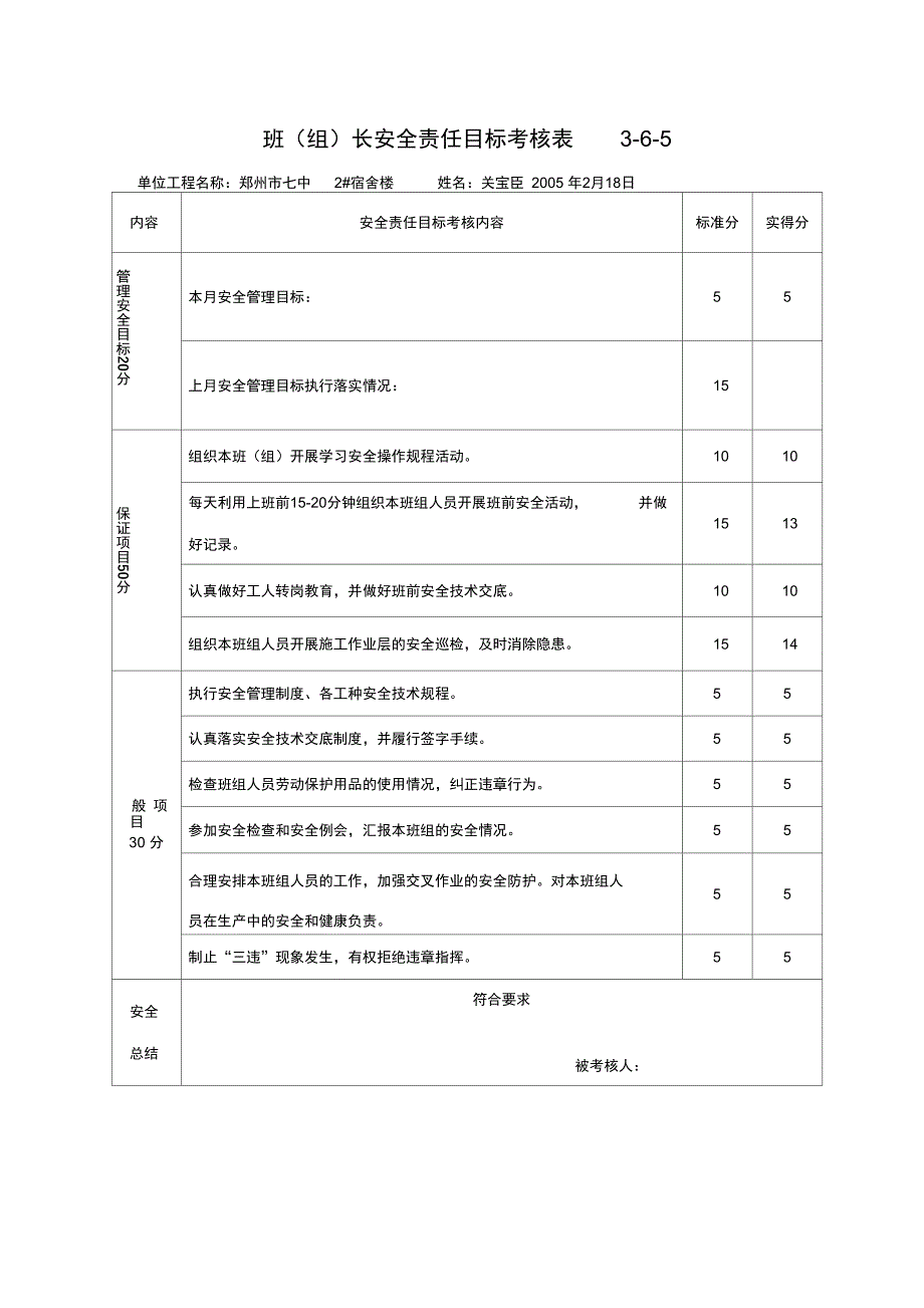 班组长安全责任目标考核表_第1页