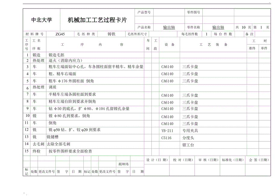 机械加工工艺过程卡片 - 输出轴_第1页