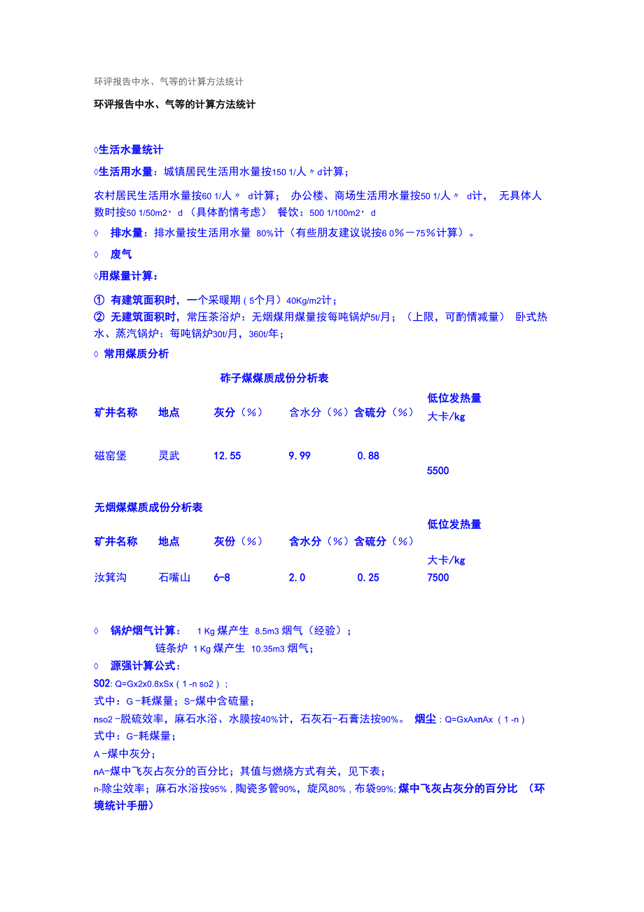 环评报告中水、气等的计算方法统计(含锅炉补水)_第1页