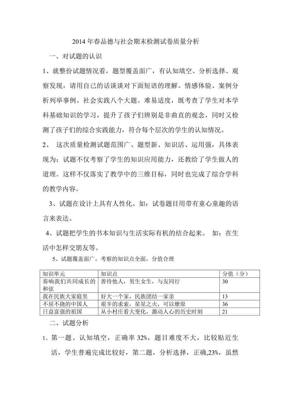 五年级下学期品德与社会期末检测试卷分析.doc_第1页