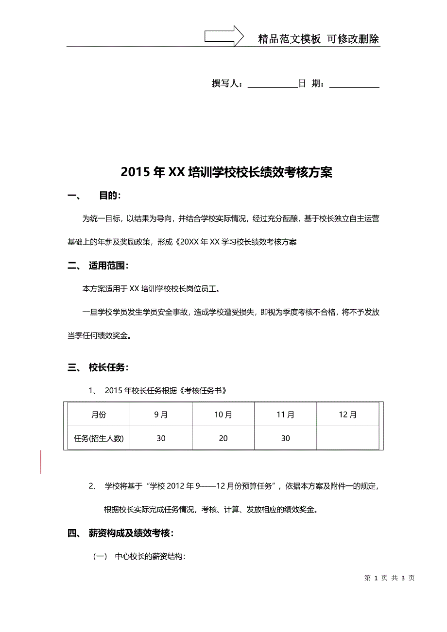 XX培训学校校长绩效考核方案_第1页