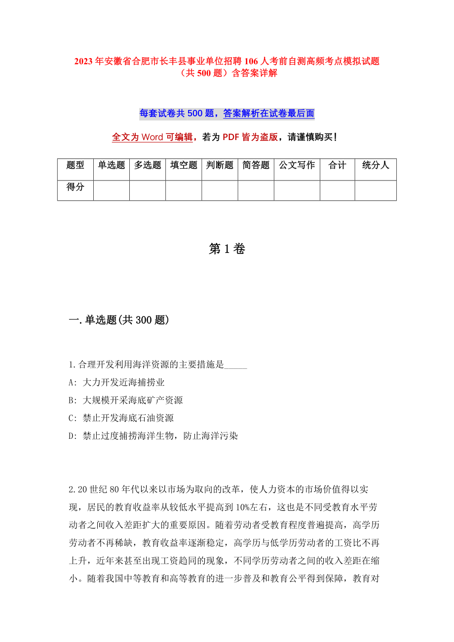 2023年安徽省合肥市长丰县事业单位招聘106人考前自测高频考点模拟试题（共500题）含答案详解_第1页