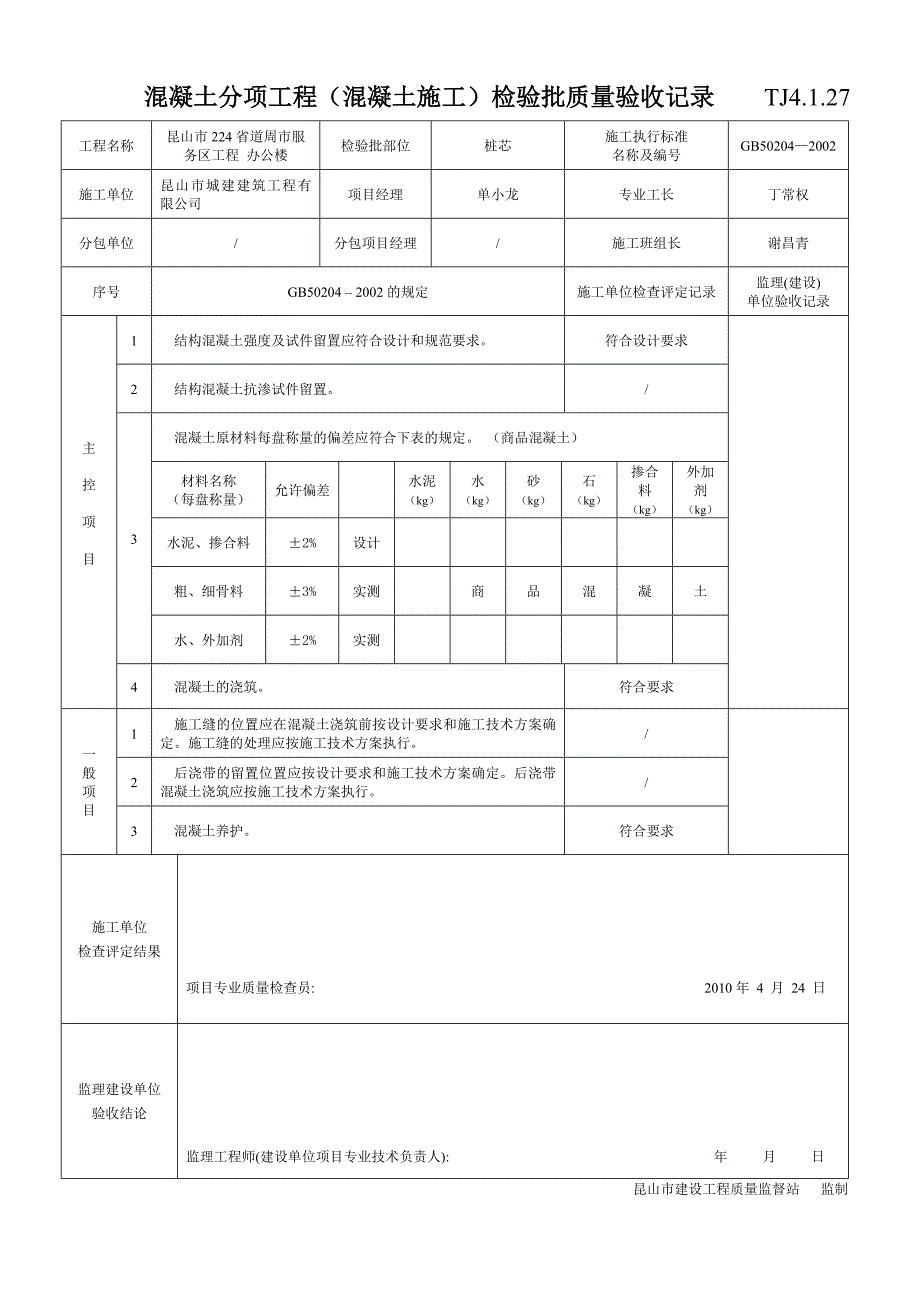 混凝土分项工程(混凝土施工)检验批质量验收记录----TJ4.1.27_第1页