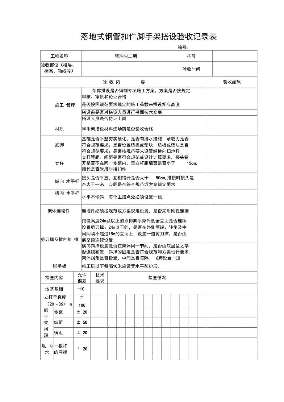 落地式钢管扣件脚手架搭设验收记录表验收记录表_第1页