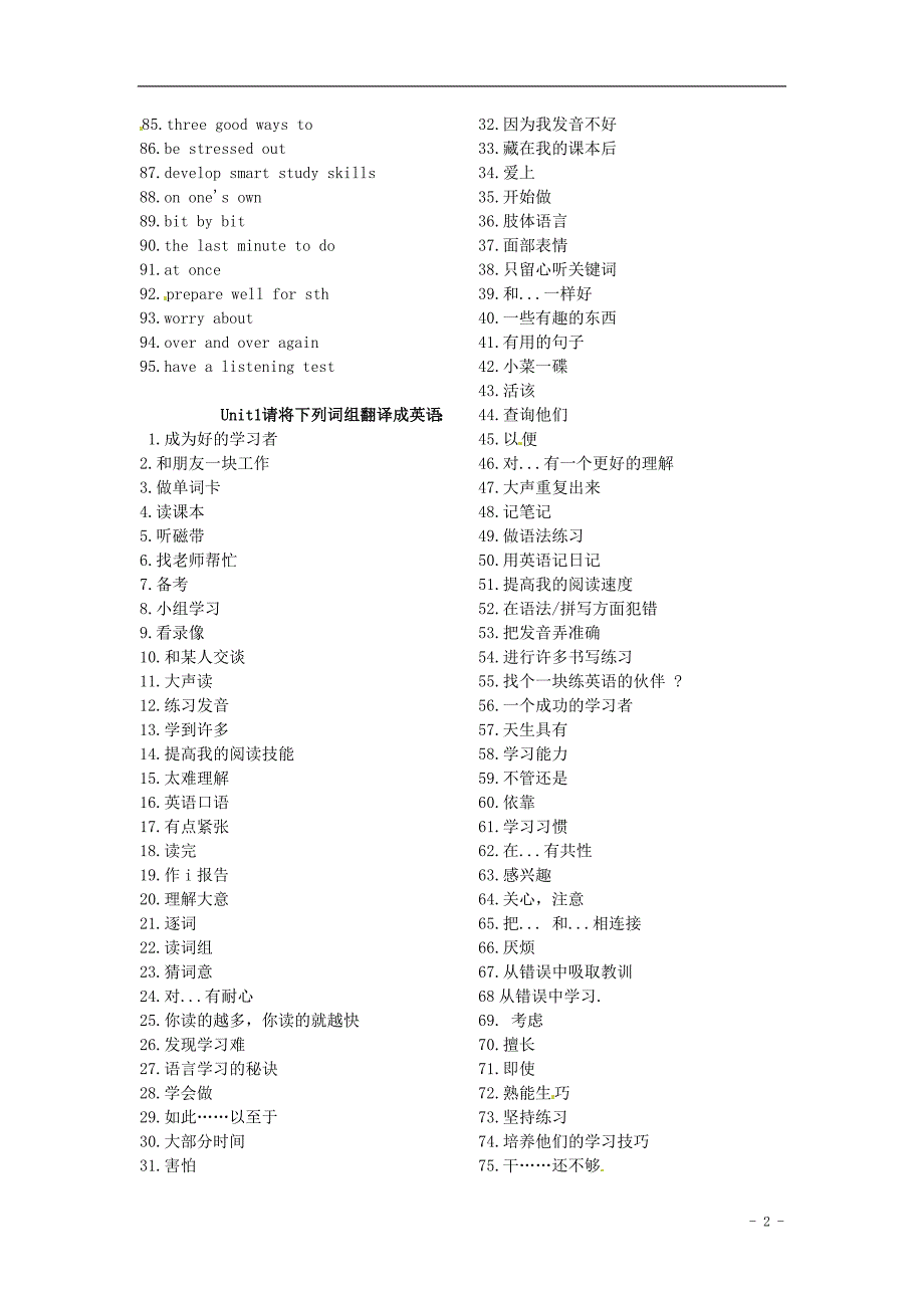 陕西省龙凤培训学校九年级英语全册Unit1Howcanwebecomegoodlearners短语自测无答案新版人教新目标版_第2页