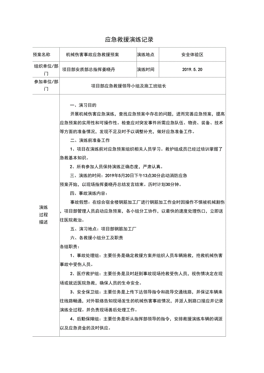 防机械伤害事故应急救援预案演练记录_第1页