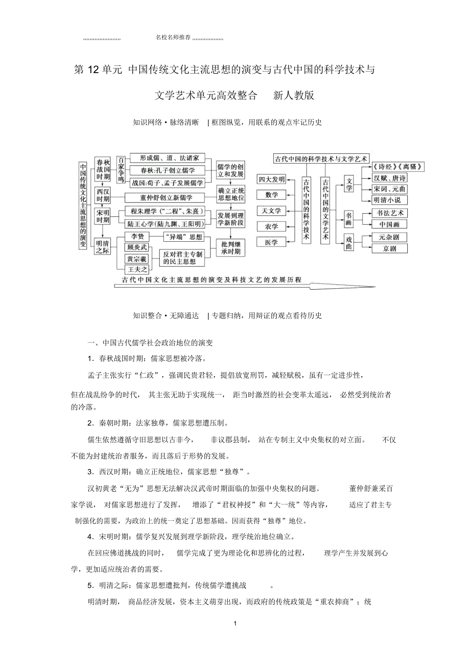 高考历史一轮总复习第12单元中国传统文化主流思想的演变与古代中国的科学技术与文学艺术单元高效整_第1页