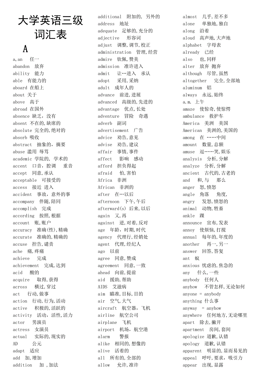 大学英语三级(A级)词汇表.doc_第1页