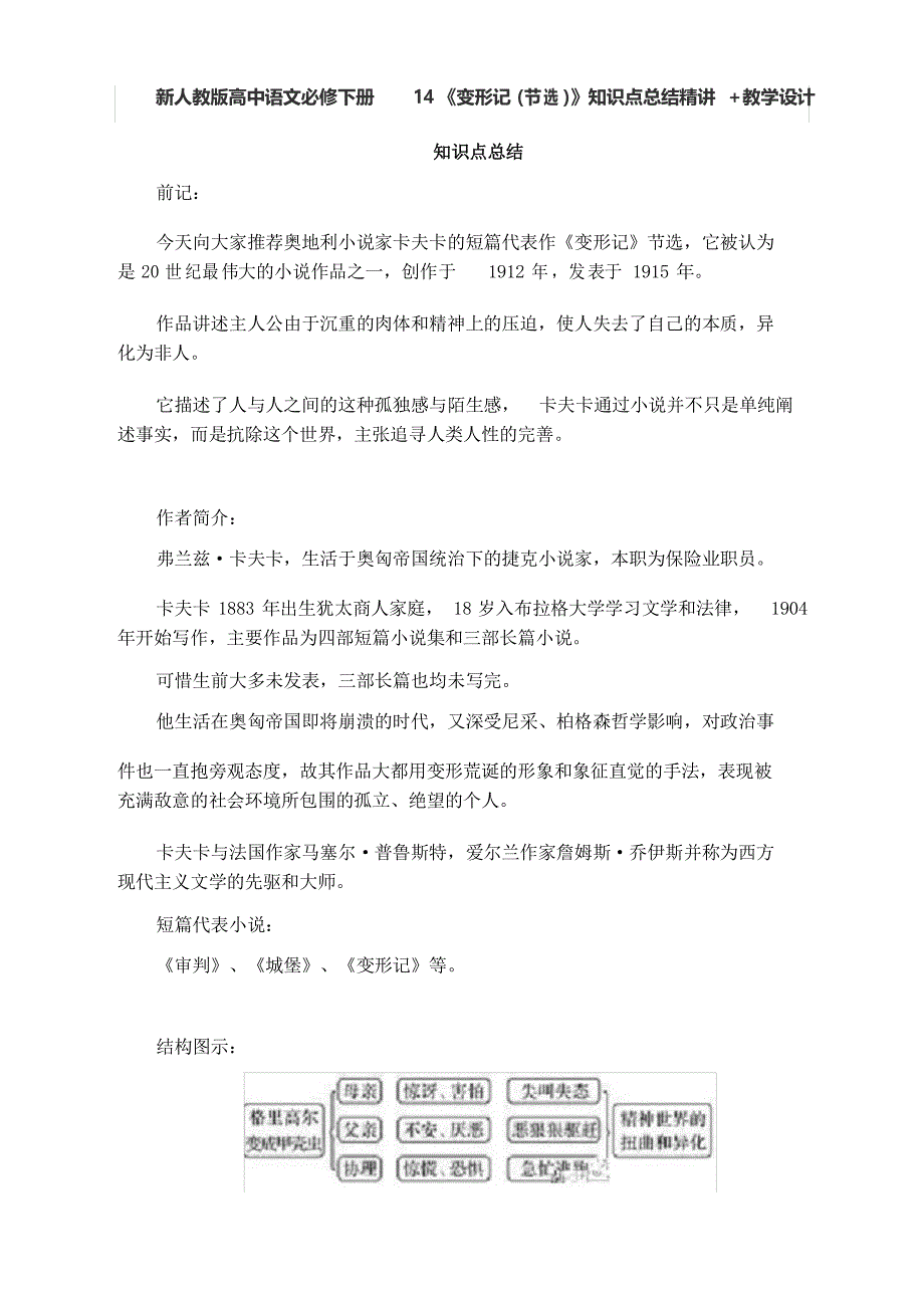 统编版高中语文必修下册 第六单元《变形记(节选)》知识点总结精讲教学设计_第1页