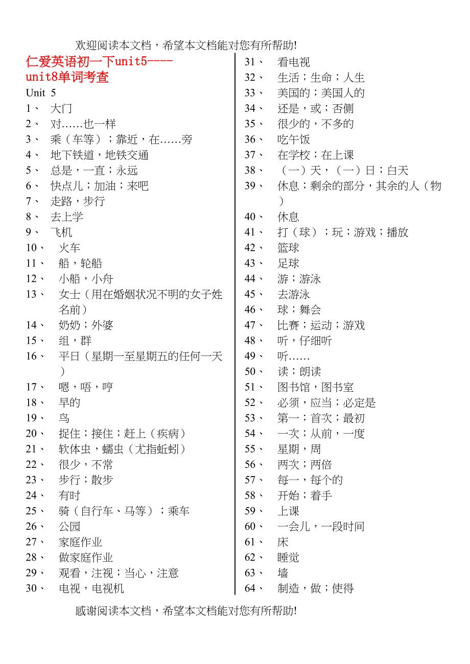 2022年七级英语下册unit5unit8单词考查无答案仁爱版_第1页