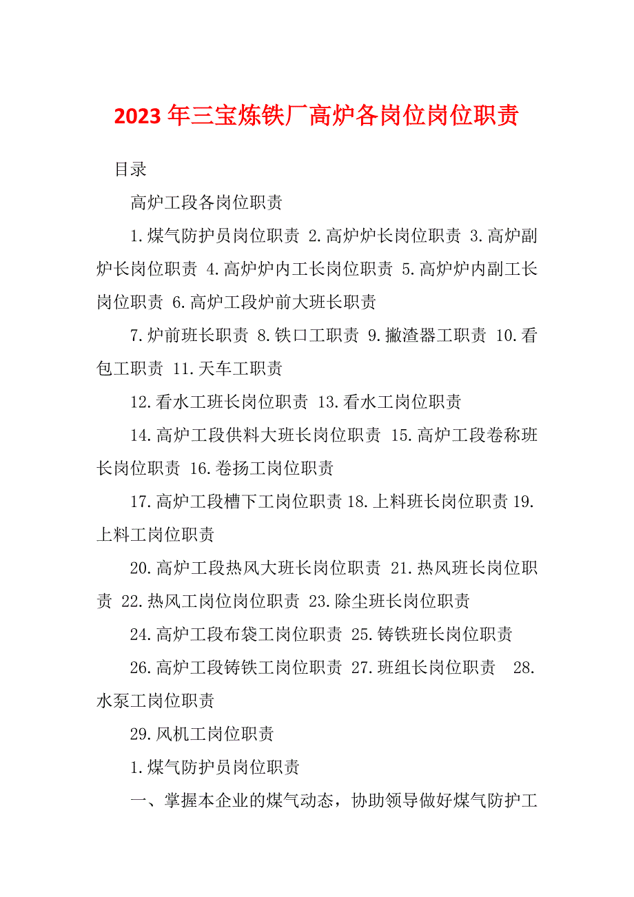 2023年三宝炼铁厂高炉各岗位岗位职责_第1页