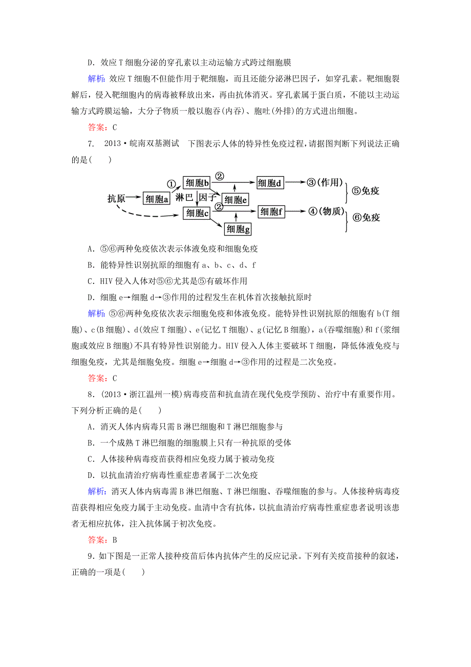 2014届高考生物一轮复习 课时作业29 免疫调节（含解析）新人教版_第3页