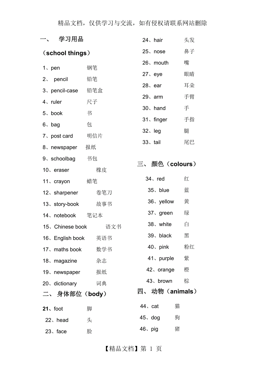 小学英语单词分类表_第1页