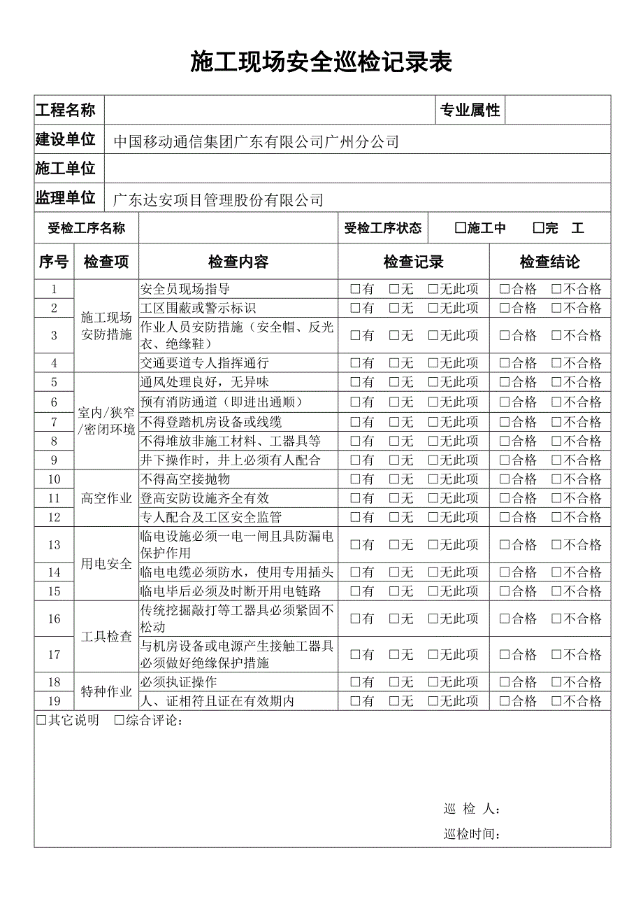 施工现场安全巡检记录表——模板_第1页