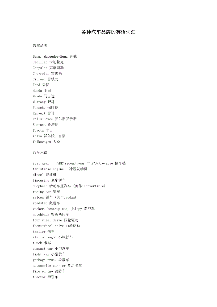 各种汽车品牌的英语词汇_第1页