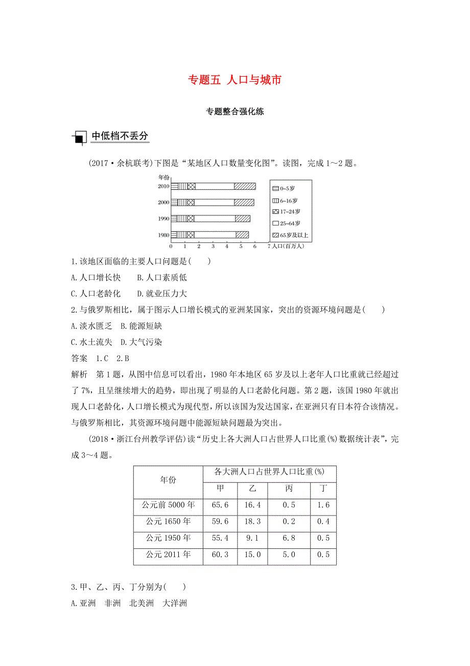 （浙江选考）2019高考地理二轮优选习题 专题五 人口与城市专题整合强化练.doc_第1页