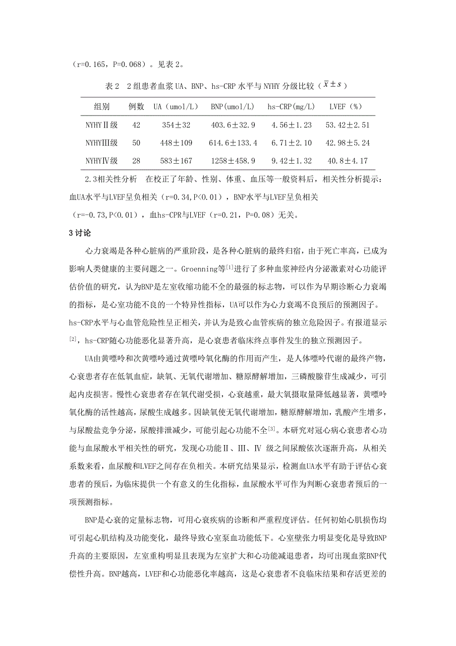 冠心病心力衰竭患者血尿酸、脑钠肽、高敏-c反应蛋白与左室射血分数的相关性分析(2)_第3页