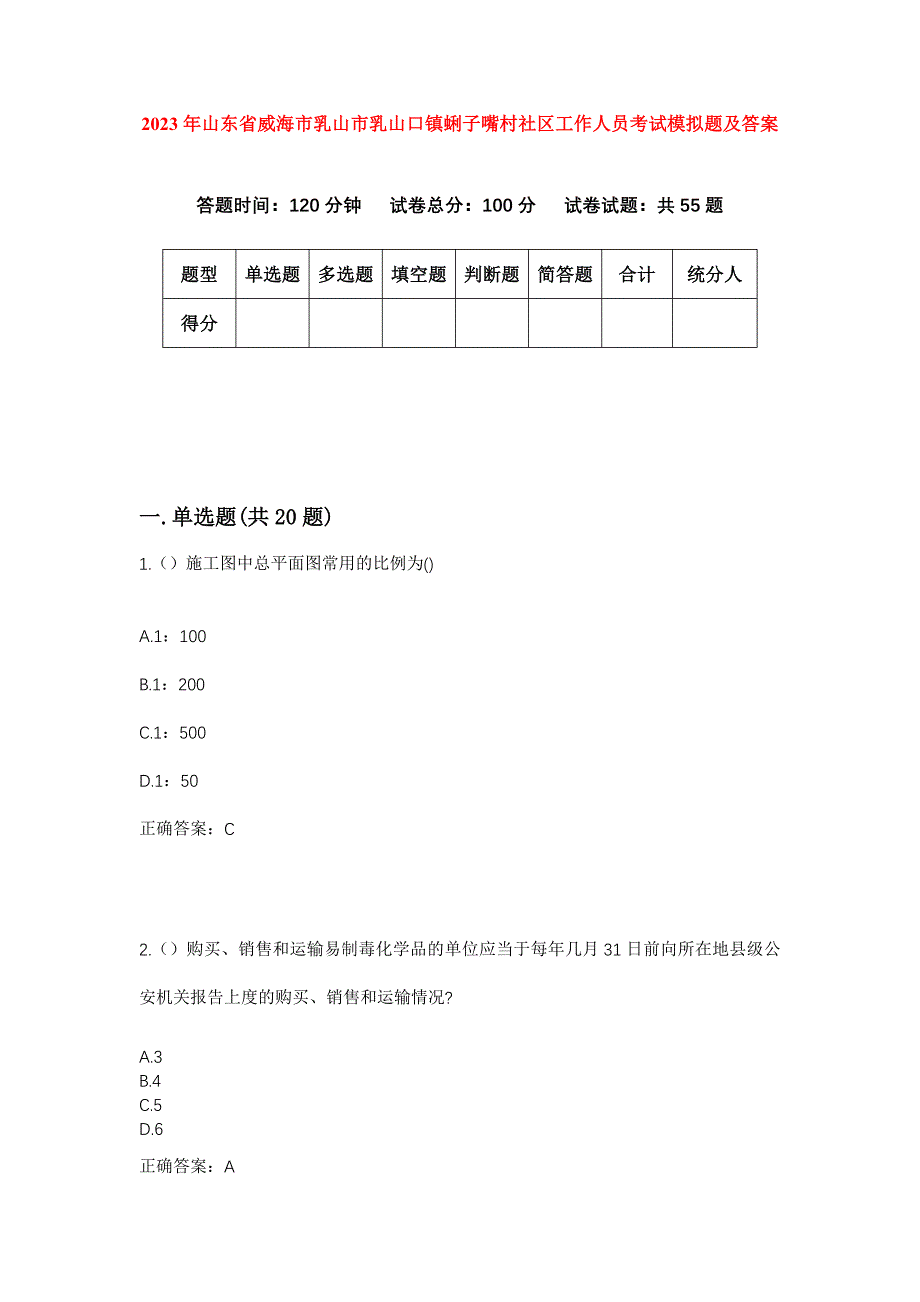 2023年山东省威海市乳山市乳山口镇蜊子嘴村社区工作人员考试模拟题及答案_第1页