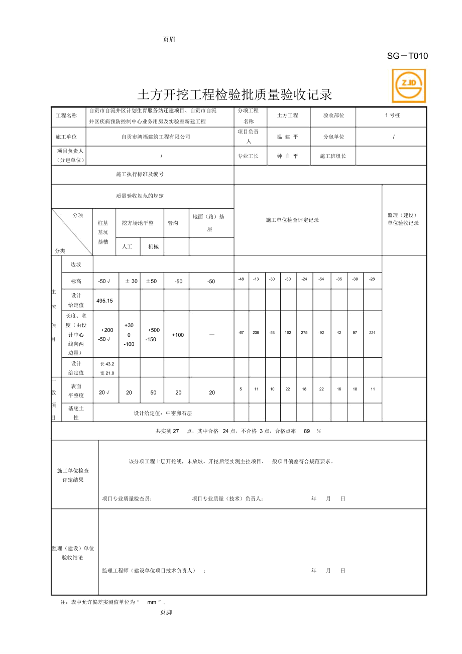 SG-T010土方开挖工程检验批质量验收记录(改)_第1页