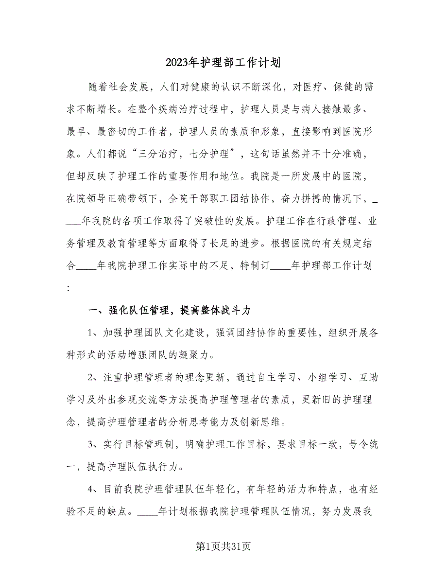 2023年护理部工作计划（8篇）_第1页