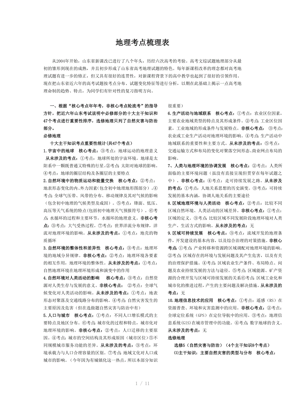 山东历年高考考点分布地理Word版_第1页