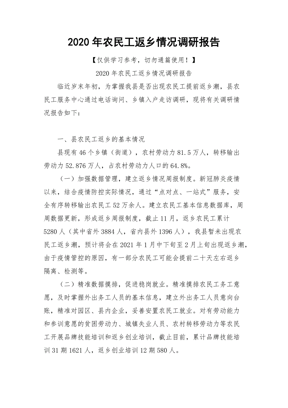 2020年农民工返乡情况调研报告_第1页