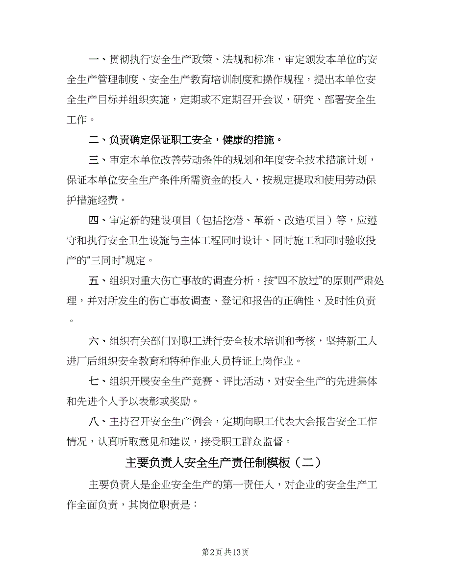 主要负责人安全生产责任制模板（8篇）_第2页