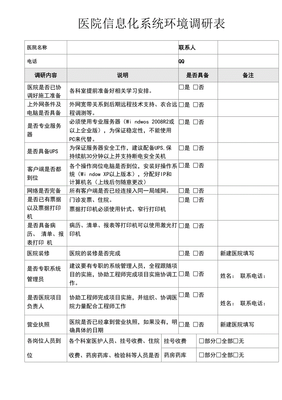 医院信息化系统环境调研表_第1页