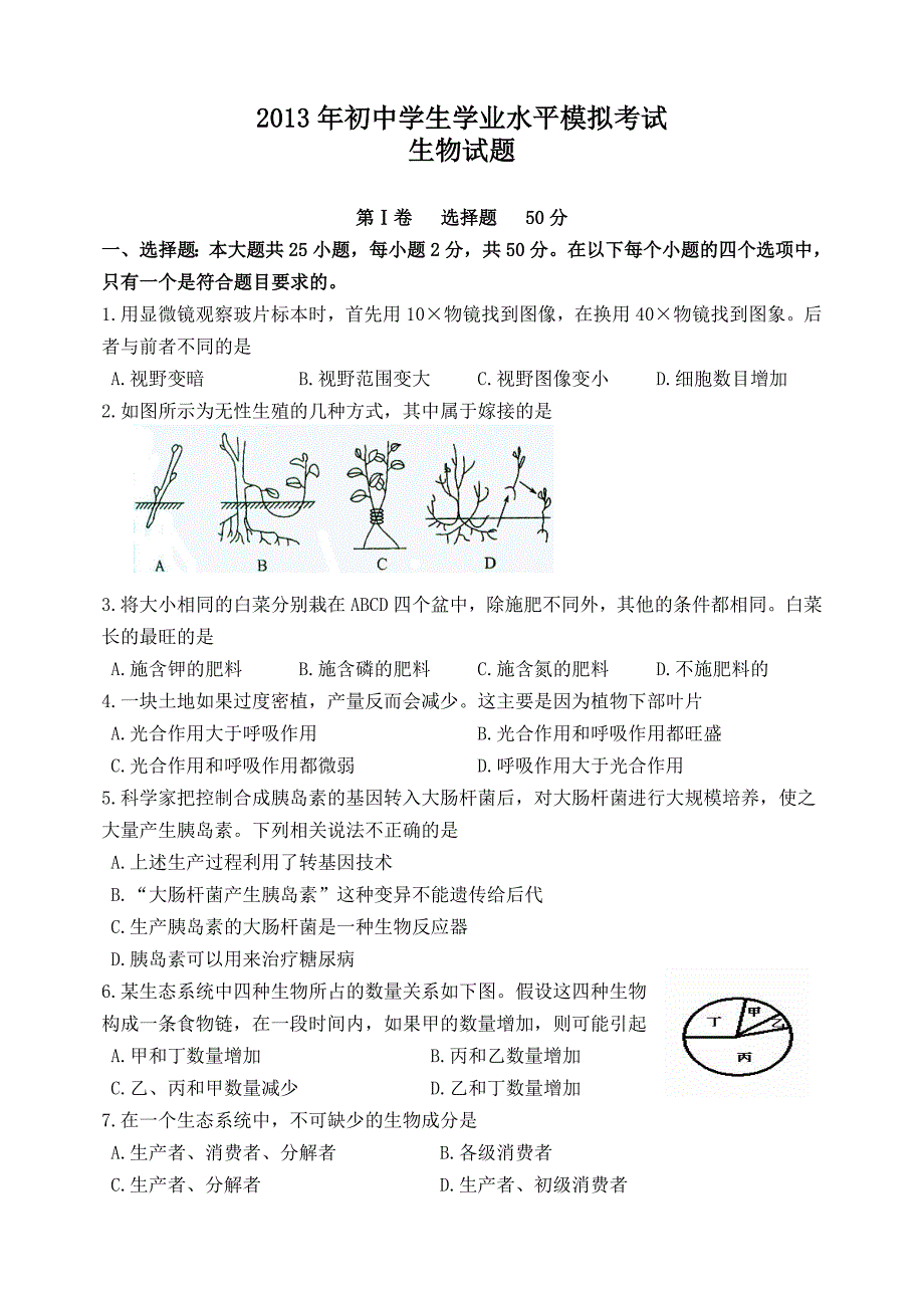 2013年初中学生学业水平模拟考试生物试题_第1页