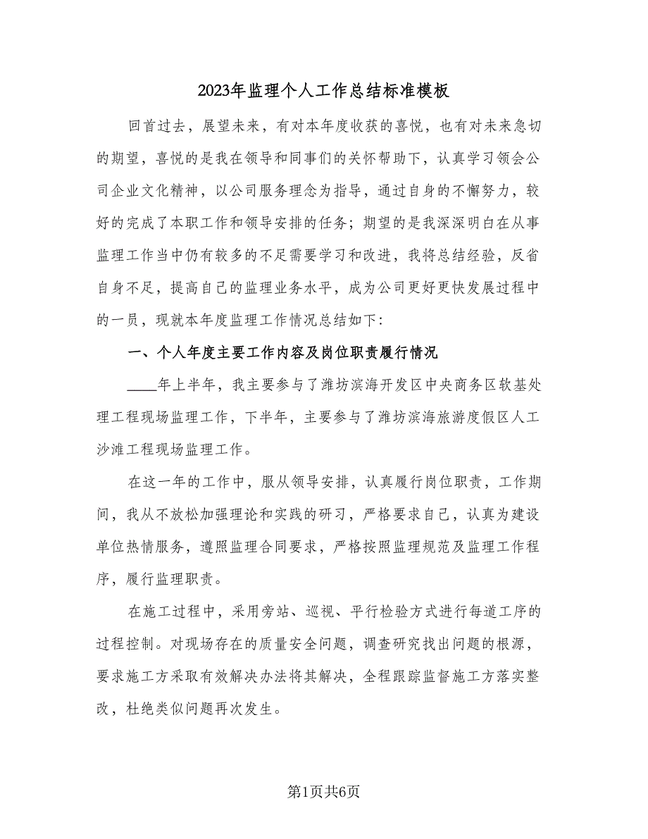 2023年监理个人工作总结标准模板（二篇）_第1页