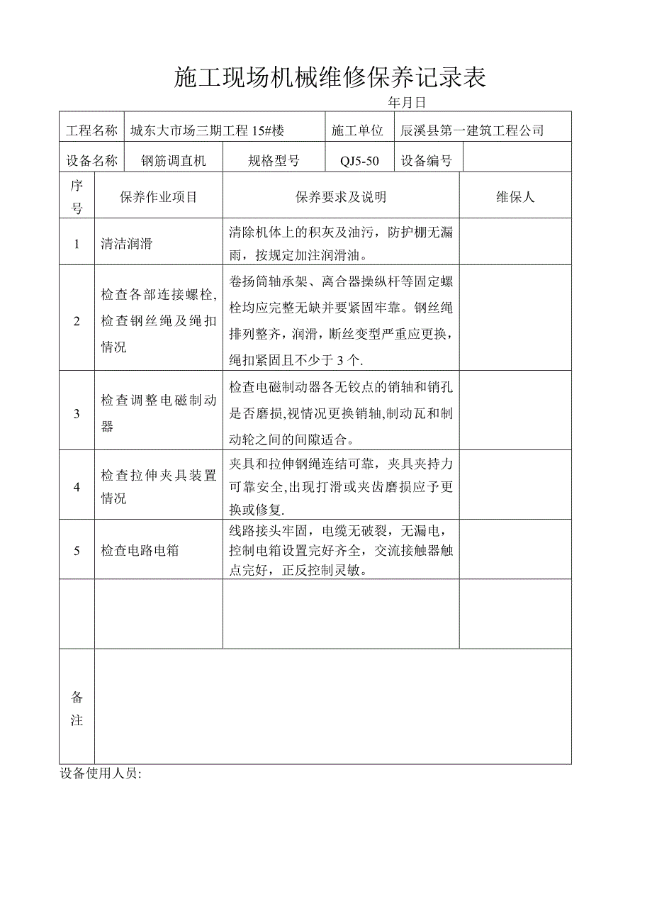 施工现场机械设备维修保养记录表[1]51566.doc_第2页