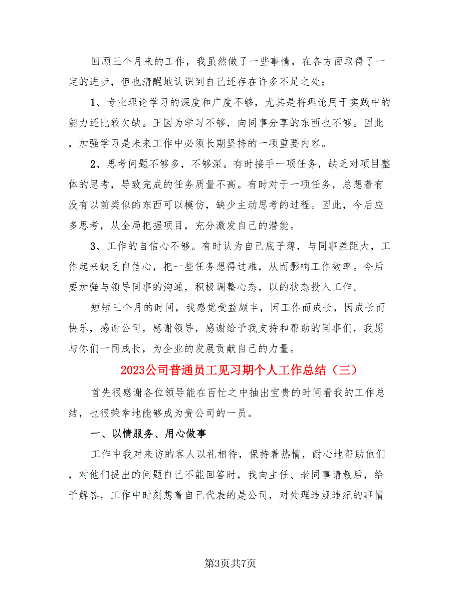 2023公司普通员工见习期个人工作总结.doc_第3页