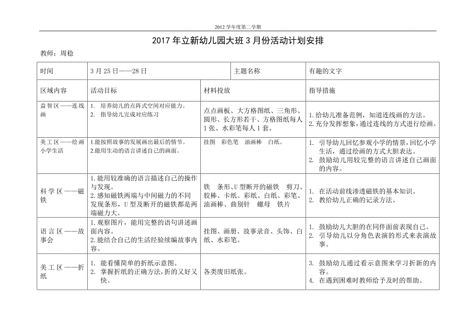幼儿园大二班3月区域活动计划表.doc_第4页