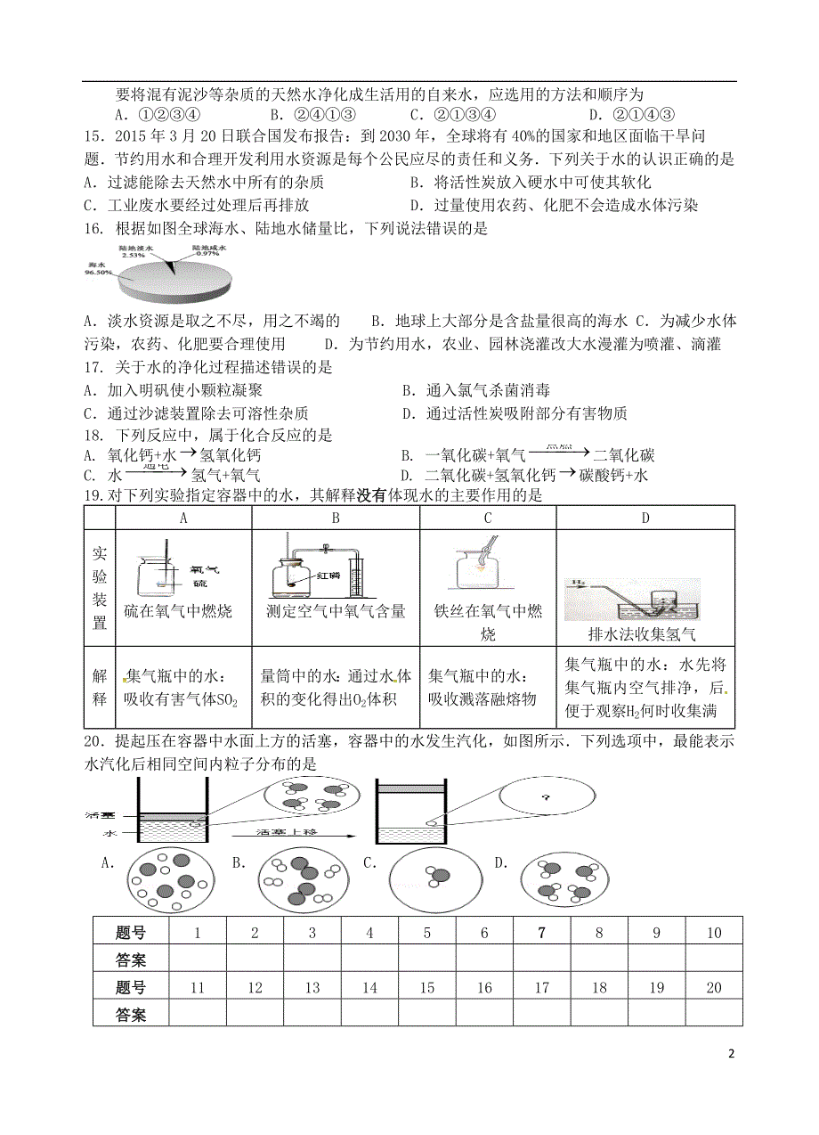 江苏省仪征市第三中学2016届九年级化学上学期第7周周末作业无答案新人教版_第2页