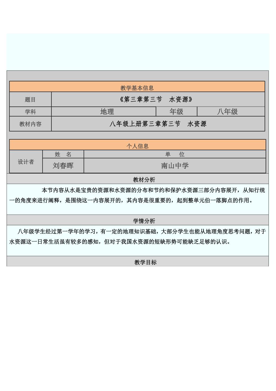 《水资源》地理教学设计模板_第1页