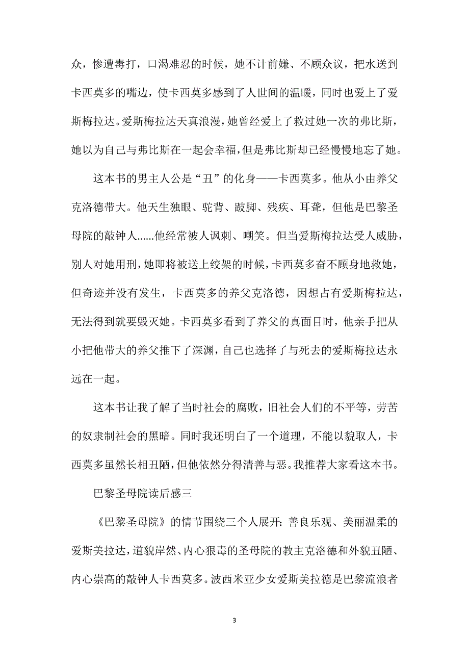 巴黎圣母院读后感范文精选3篇巴黎圣母院读后感600字.doc_第3页